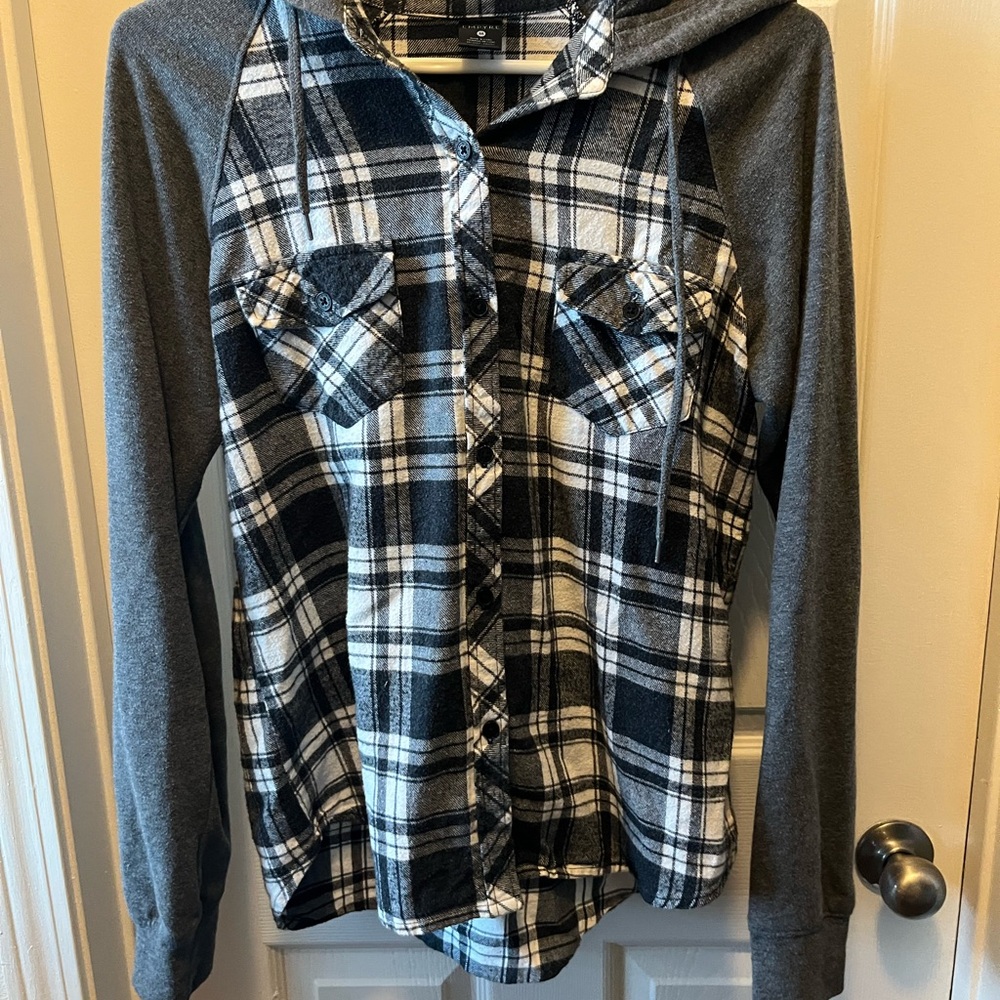 Empyre Black and White Plaid Hooded Shirt